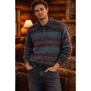 Vintage 90s David Taylor Sweater Mens Med Geometric Striped Knit Polo Mock Neck